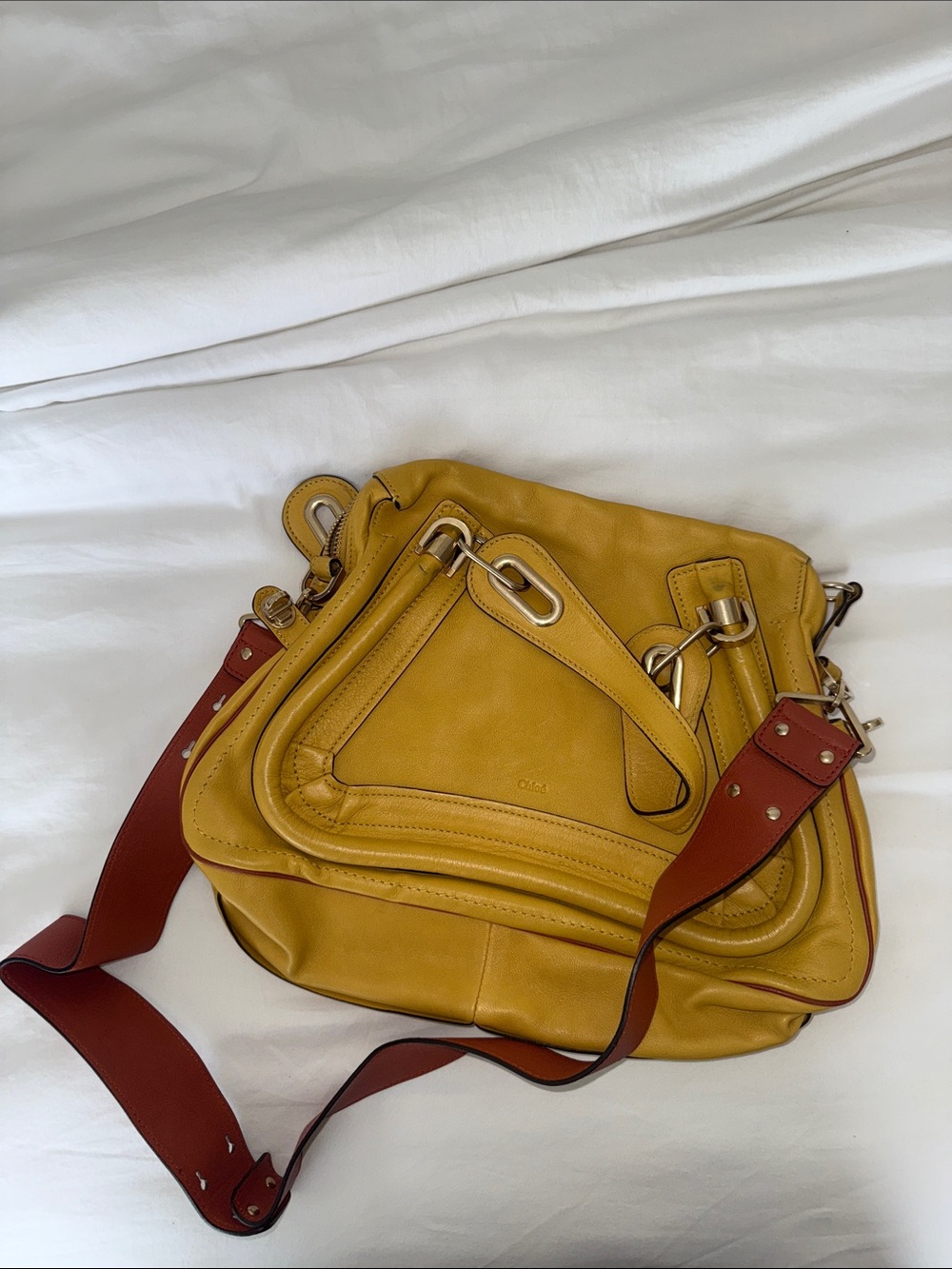 Chloé Mustard Yellow Leather paraty Bag with Rust Strap